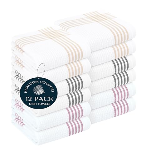 Multi White Kitchen Towels 12 Pack, 16x26 Inch, 100% Cotton Waffle Weave, Super Absorbent, Quick Dry, Reusable Dish Towels for Cleaning, Drying, Cooking, Beige, Black, Burgundy Wine - color: Beige, Black, Burgundy Wine, style: 12 Pack