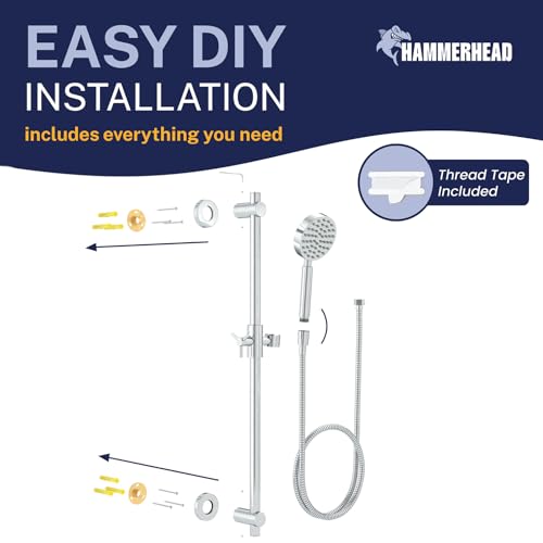 HammerHead Showers® Solid Metal 27.5 Inch Shower Slide Bar Set and Handheld Shower Head with Hose — CHROME — 2.5 GPM High Pressure Spray Wand — Easily Adjust Height & Angle of Handshower - color: Chrome, size: 2.5 GPM
