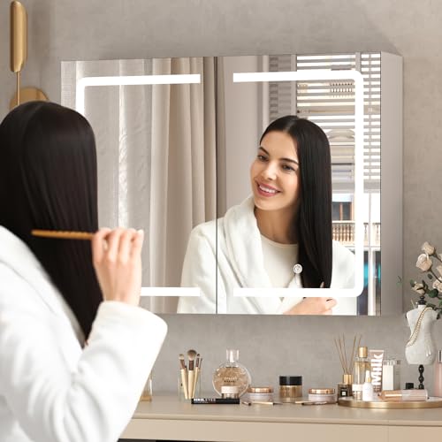 DICTAC Medicine Cabinet with Mirrors and Storage 31.5''x23.6'' Wall Mounted Bathroom Mirror Cabinets with Led Lights Double Doors Mirror Lighted Medicine Cabinets with Adjustable Storage Shelf,White - size: 31.5x23.62 inch