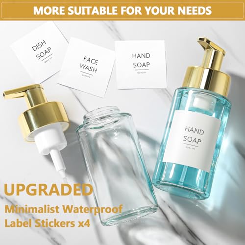 RYTOXILO Foaming Soap Dispenser, 10 oz/300ml Gold Soap Dispenser, 2 Pack Glass Foaming Hand Dispenser for Bathroom & Kitchen, Refillable Foam Bottle with Waterproof Labels - color: Clear Bottle, size: 10 Fl oz with Gold Pump