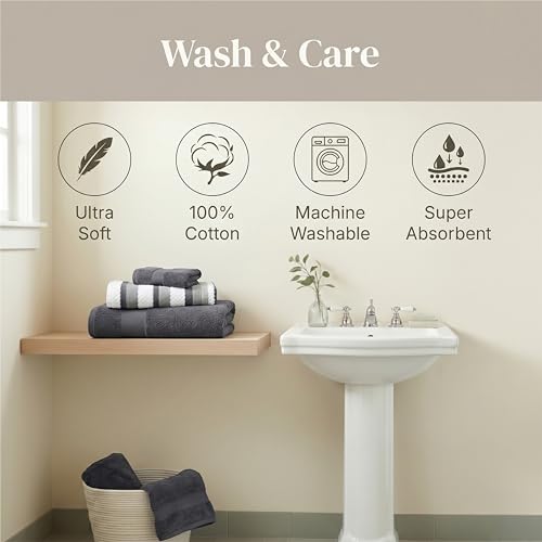 Modern Threads Pax 6-Piece Reversible Yarn Dyed Jacquard Towel Set - Bath Towels, Hand Towels, & Washcloths - Super Absorbent & Quick Dry - 100% Combed Cotton, Denim - color: Blue, style: Wide Stripe