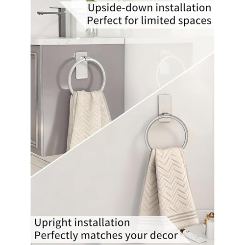 Strong Adhesive Towel Rings for Bathroom Wall Mounting Hand Towel Holder with Large Base Strong Sticky Hook Stick on Hook - color: Silver