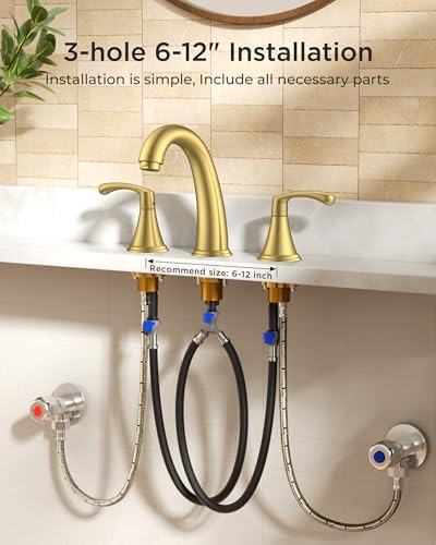 FORIOUS Bathroom Sink Faucet 3 Hole Widespread 8 Inch 2 Handle Brushed Gold | 3-hole 6-12 Inch Widespread Sink Faucets with Drain and Water Supply Lines, for Vanity Rv Commercial Lavatory Restroom Basin - color: Brushed Gold, style: Modern