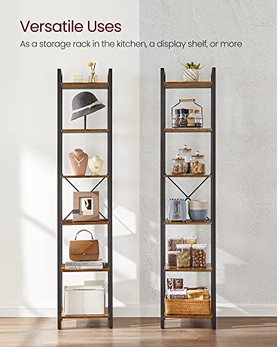 VASAGLE 6-Tier Bookshelf, Bookcase with Steel Frame | Book Shelf, 15.6 x 11.8 x 73.6 Inches, Living Room, Home Office, Rustic Brown and Matte Black, BARNET Collection ULLS101B01 - color: Rustic Brown + Ink Black, size: 6 Tiers (11.8"D x 15.7"W x 73.2"H)