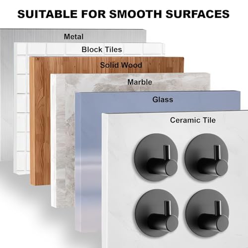 Towel Hooks for Bathroom (4 Pack) Adhesive Towel Hook Shower Hooks for Inside Shower - Sticky Bathroom Wall Hooks for Hanging Towels, Robe, Loofah, Bath Sponge - Matte Black Towel Hooks - color: Black