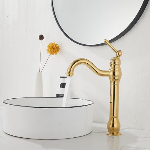 Single Handle Bathroom Vessel Sink Faucet, Polished Gold | 360° Swivel, Single-Handle One Hole, Matching Pop Up Drain, Farmhouse Style - color: Polished Gold, size: Vessel