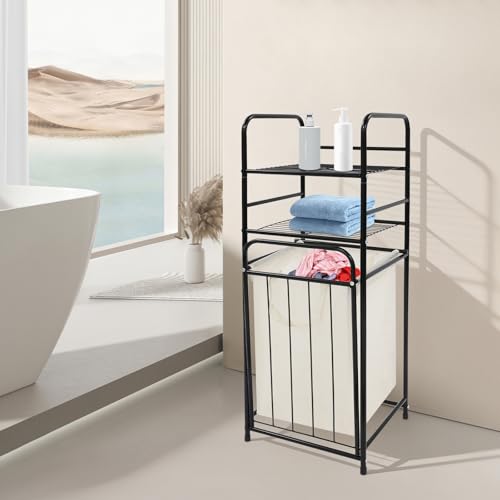 Tilt Out Laundry Hamper with Shelves, 3-Tier Storage Cabinet with Removable Liner Bag, 16.9" x 13" x 39.4" Carbon Steel Frame for Bathroom, Bedroom, Laundry Room - Black