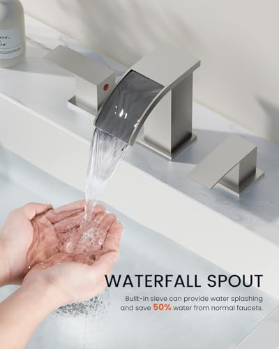 gotonovo Waterfall Bathroom Faucet 3 Hole Square Body,Brushed Nickel | SUS304 8’’ Widespread Bathroom Sink Faucet,2.17’’ Wide Spout,24’’ cUPC Hose,Pop Up Drain,2 Handle,Vanity,Lavatory,Basin,RV - color: Nickel