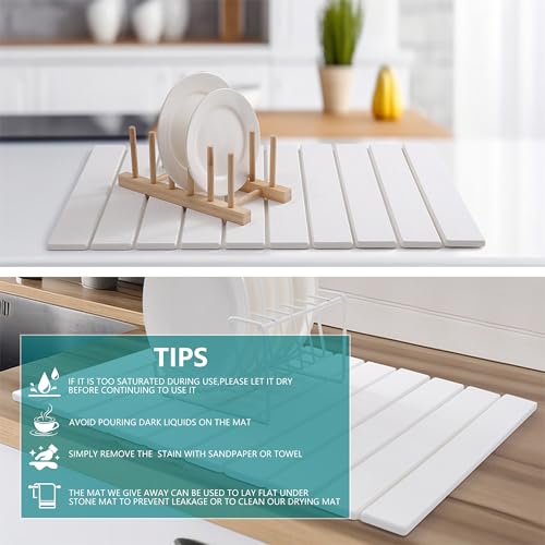 Stone Drying Mat for Kitchen Counter, Quick Dry Absorbent Collapsible Dish Drying Mat, Eco-Friendly Absorbent Diatomaceous Earth Mats for Dishes Bottles Cups Bathroom Any Counterop 24" x 15"