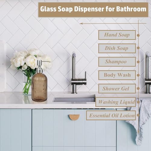 14Oz Brown Glass Soap Dispenser Bathroom, Stainless Steel Pump, Stripe | Clear Glass Liquid Hand Soap Dispensers, Refillable Dish Soap Dispenser for Kitchen, Countertop Soap Dispensers - color: Brown