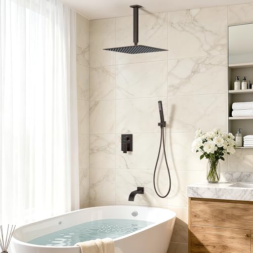 Oil Rubbed Bronze Shower System with Tub Spout, Ceiling Mounted Bathtub Shower Faucet Set, 12" Rainfall Shower Head and Handheld Shower Combo, High Pressure Shower Fixtures Set with Rough-in Valve - color: Oil Rubbed Bronze, style: 12" Ceiling Mounted Sho