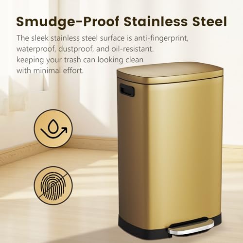 ELPHECO Kitchen Trash Can with Lid 13 Gal Stainless Steel Pedal Garbage Can | Soft Close Lid Pedal Heavy-Duty Fingerprint Proof Step Wastebasket with 20 Bags Removable Bucket, Home Office, Titanium Gold - color: Titanium Gold