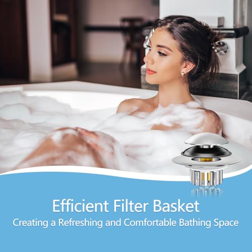 Bathtub Drain Stopper Universal, Pop Up Drain Stopper with Stainless Steel Strainer Basket Hair Catcher, Anti-Clogging Design, Leak-Proof Silicone Ring, for Bath/Sink (1 Pack Tub Drain Stopper)