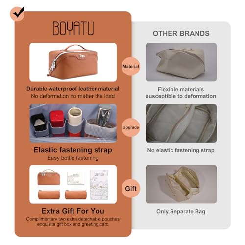 BOYATU Travel Makeup Bag Organizer Cosmetic Bag: 3 Pcs Set Make up Bags for Women with Handle - Waterproof Vegan Leather Toiletry Bags Travel Essentials Pouch with Compartments (C-02-Brown) - color: 04-B-Brown