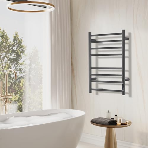 Towel Warmer Bathroom Wall Mounted Drying Rack Plug-in Electric Heated Towel Rack Stainless Steel Black with Timer & Temperature Control 8 Bar - color: Black With Timer 8 Bar Etw44-2, size: 8 Bar