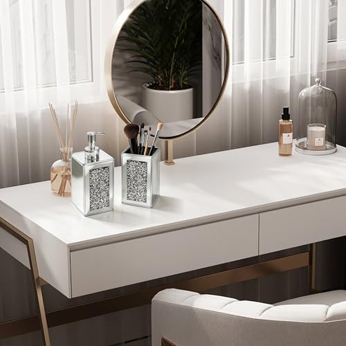 2Pcs Silver Bathroom Set, Mirror Finish & Diamond Accent Soap Holder,Modern | High polish mirror glass, sparkling diamond accents, sleek silhouette, stain proof surface, easy to clean, generous capacity - color: Silver