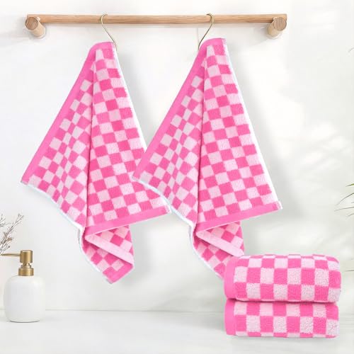 Pink Checkered Washcloths 12 Pack, Cotton Face Cloths for Bathroom | 13" x 13" Aesthetice Wash Cloths - color: Pink