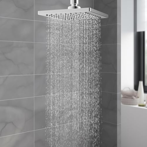 Hibbent cUPC Certified Thickness Metal 6'' Square Rain Shower Head, Chrome | High Pressure Shower Head, Bathroom Waterfall Shower Heads, High Flow Fixed Showerheads with Adjustable Brass Ball Joint - color: Chrome, style: Square 6''