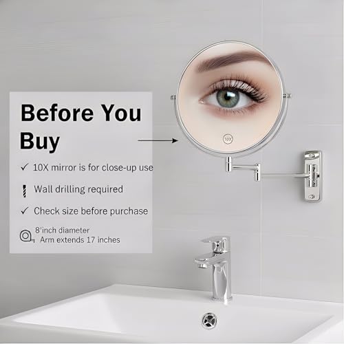 8" Extendable Bathroom Mirror Wall Mount with 1X/10X Magnification, 360° Swivel Double Sided Vanity & Shaving Mirror, Nickel Finish (No Light) - color: Nickel