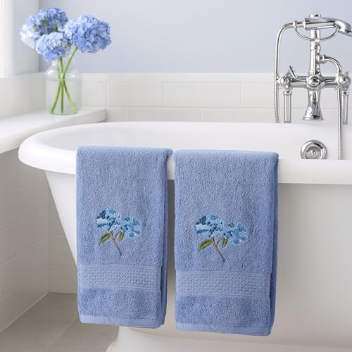 SmoothNovelty 2 Pcs Hydrangea Hand Towels Blue Hydrangea Floral Bathroom Decor 14x29 Inch Embroidered 100% Cotton Soft Absorbent Spring Summer Decorative Flowers Hand Towels for Bathroom Kitchen - style: Hydrangea Floral