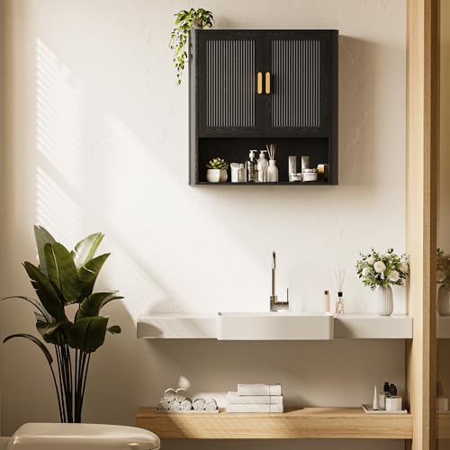 Bathroom Wall Cabinet, Wall-Mounted Medicine Cabinet with Adjustable Wood Shelf & Doors, Floating Bathroom Cabinet Over Toilet for Laundry Room & Kitchen & Living Room (Black) - color: Black