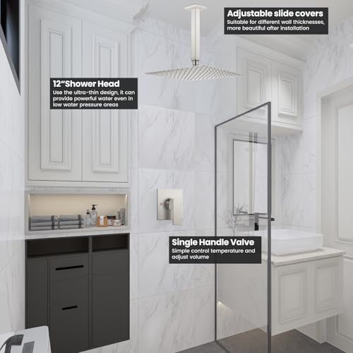 Airuida 12 Inch Brushed Nickel Shower Faucet Set,Rainfall Shower System | Ceiling Shower Head,Male Thread Rough-in Valve,Ceiling Mount,Single Handle - color: Brushed Nickel, size: 12 Inch