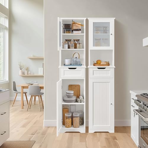 Yaheetech Tall Slim Bathroom Storage Cabinet with Frosted Glass Door, White | Narrow Floor Cabinet for Tight Spots, Reversible Doors, Adjustable Shelves and Drawer for Towel and Linen Storage, MDF Build - style: 2 Doors + 1 Drawer