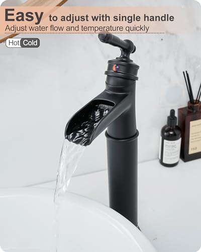 Tall Bathroom Faucet Waterfall, Brass Bathroom Faucets Black Vessel Sink Faucet, Single Handle Bathroom Sink Faucet 1 Hole with Pop-Up Drain & Supply Water Hoses for Hotels Classic No Noise - color: Matte Black - Modern