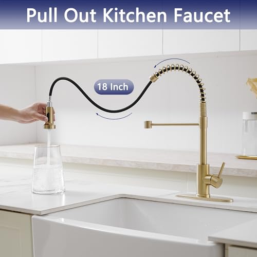 VOTON Kitchen Faucets with Pull Out Sprayer Commercial Spring Sink Faucet Stainless Steel Brushed Gold Pull Down Single Handle Farmhouse faucets with Deck Plate for Camper Laundry Utility Rv Wet Bar - color: Brushed Gold