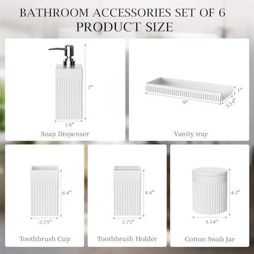 6-Piece White Bathroom Set - Modern Resin Bathroom Accessories Set with Soap Dispenser, Toothbrush Holder, Vanity Tray, Tumbler & Apothecary Jars for Small Spaces - color: White