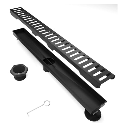 BARONAGE 28 Inch Linear Shower Drain, Capsule Grate, Matte Black | V-shaped Rapid Linear Drains, Rustproof, Hair Catcher, 304 Stainless Steel Rectangle Shower Floor Drain For Bathroom - size: 28 Inch