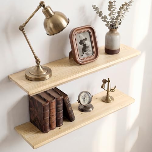 Acovy 24in Solid Spruce Wood Floating Shelves with Beveled Bottom Edges, Wooden Floating Shelf with Heavy-Duty Bracket for Living Room Bathroom Bedroom Kitchen, Rustic Natural, DIY Available, 2 Packs - color: Rustic Natural, size: 24"-2 Packs