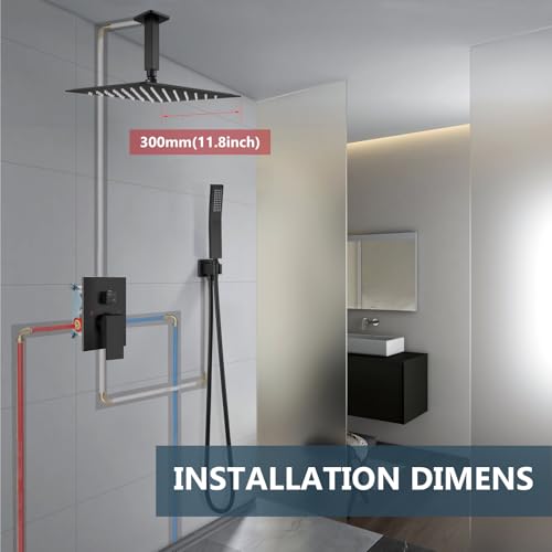 Aolemi Ceiling Mount Shower System Rain Shower Head with Handheld Spray High Pressure Shower Faucet Set Rough-in Valve Shower Trim Kit Included Bathroom Matte Black 12 Inch Ceiling Shower Head - color: Black, size: 12 Inch Ceiling Shower Head