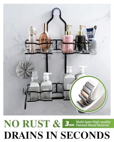 Shower Caddy Hanging – Rustproof Shower Organizer Hanging for Inside Shower – Over the Showerhead Rack with Soap Holder & Razor Hooks, No Drilling Bathroom Shower Shelves and Storage, Black