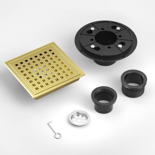 EXF Square Shower Drain Brushed Gold 6-Inch with ABS Flange, Hair Catcher | 304 Stainless Steel, Removable Grid Grate, Anti-Clog, Anti-Rust, Easy Clean, Adjustable Height - color: Gold, size: 6IN