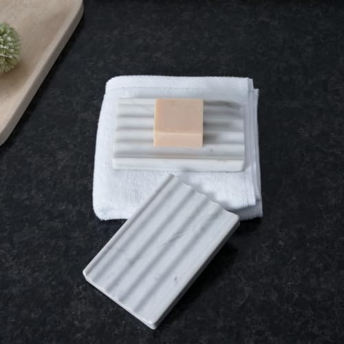 2 Pcs Soap Holder for Bathroom, Marble Soap Dish for Kitchen Countertop, Bathroom Tray with Creative Wavy Design, Soap Saver for Bath Tub, Sponges, Italian Natural Stone(Bianco Carrara) - color: Bianco Carrara