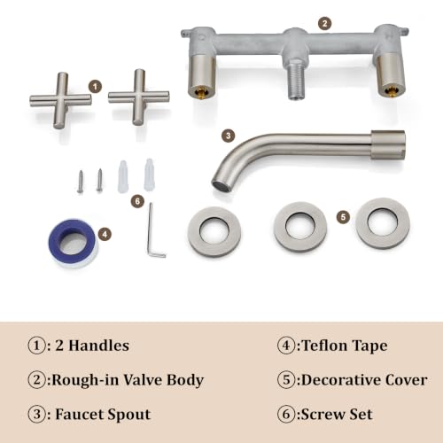 Midanya Wall Mount Bathroom Faucet 3 Hole 2 Cross Handle,Brushed Nickel | SUS304 Stainless Steel,Rough-in Valve Included,360° Swivel Spout,for Bathroom Sink,Vanity - color: Brushed Nickel