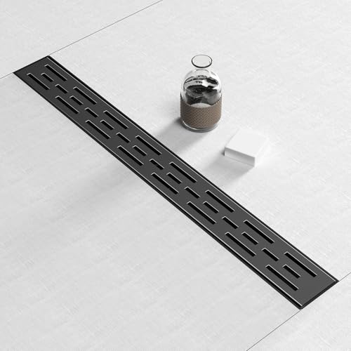 24 Inch Black Linear Shower Drain, Rectangular Shower Floor Drains with Brickwork Cover, 304 Stainless Steel Linear Drain with Leveling Feet, Hair Strainer (Matte Black)