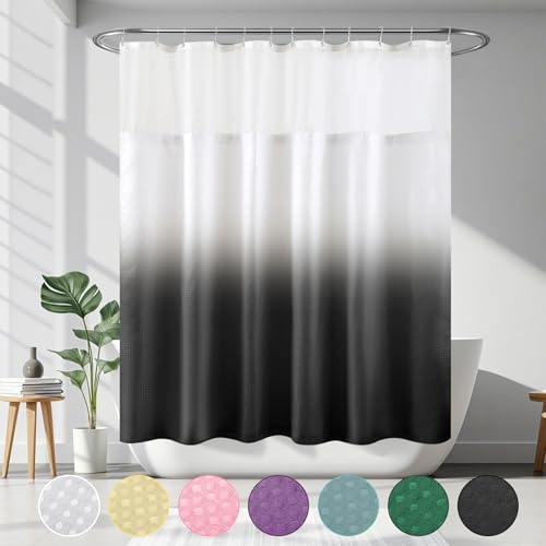 YI & ZE Black Waffle Weave Shower Curtain with Snap-in Liner, 72W x 72L | Slub Textured Heavy Fabric, Waterproof & Washable, Equipped with 12 Metal Hooks - color: Waffle Black, size: 72"W x 72"L (Pack of 1)