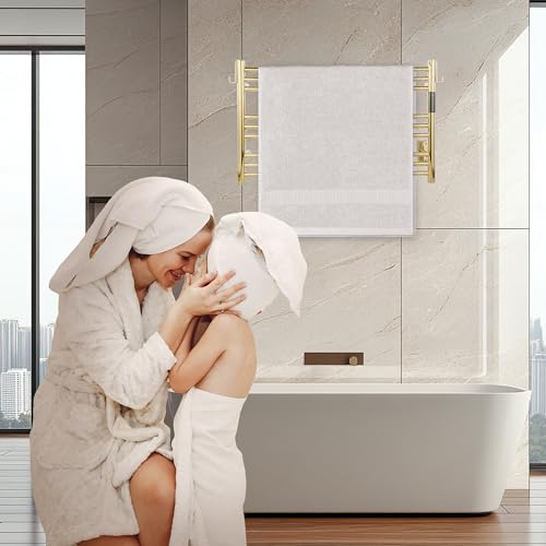 K&KALONZO Wall-Mounted 9-Bar Heated Towel Rack, Fast Heat in 2 Min, NTC Safety | 4 Timers & 3 Heat Levels Control, Plug-In/Hardwired, Top Hooks, Memory Function, Anti-Scald, Stainless Steel, EL13MT - color: Polished Gold, size: H 19.7 x W 31.5