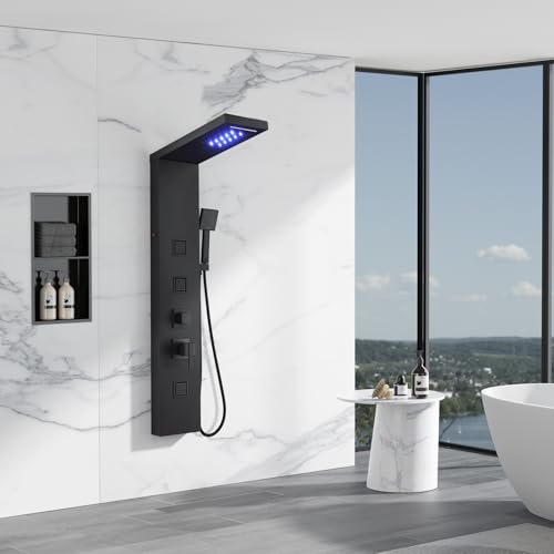 5-in-1 LED Shower Panel Tower System Stainless Steel Matte Black | Rainfall + waterfall heads | Body jets | Handheld shower | Tub spout | LED lights | Wall mount - color: Matte Black