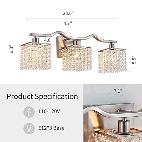 WUZUPS 3-Light Bathroom Light Fixture Morden Vanity Wall Sconces Light Clear Crystal Drop for Bedroom Living Room, E12 Base, Nickel - color: Nickel