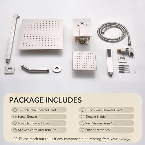 Dual Rainfall Shower Head System Brushed Nickel, 3-Function Push Button Shower Faucet Set with 12" Wall Mount Rain shower head and 6" Wall Mount Shower Head, Pressure Balance Rough-in Valve - color: Brushed Nickel, style: Wall Mount