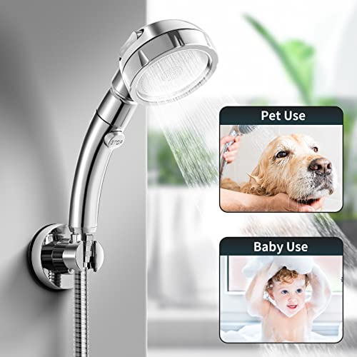 Marbrasse 3-Settings Handheld High Pressure Showerhead with ON/Off Full Shutoff Push Button,Water-saving Camping Shower with Adjustable Angle(Vacuum Suction Shower Head Holder+5 Feet Shower Hose) - color: Shower Head with Bracket