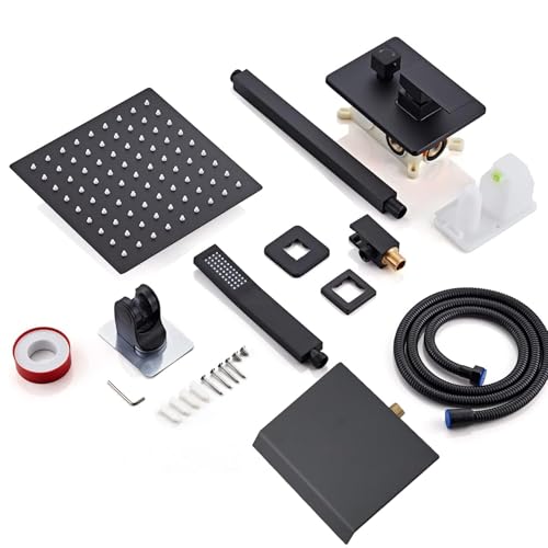 10 Inch Shower Faucet Set, Ceiling Mounted Rainfall Shower System with High Pressure Handheld Shower Head, Bathroom Mixer Shower Set Rough-in Valve and Trim Kit, Matte Black, with Tub Spout - color: Matte Black with Tub Spout, style: 10 Inch