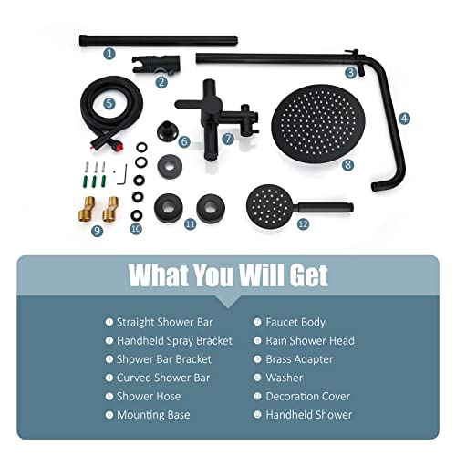 Aolemi Outdoor Shower Kit SUS304 with Round Handheld Matte Black | 2 Function,8 Inch Head,Round Handheld Spray,Adjustable Height,Outside Exposed Shower Fixture,Single Handle,Wall Mount - color: Black