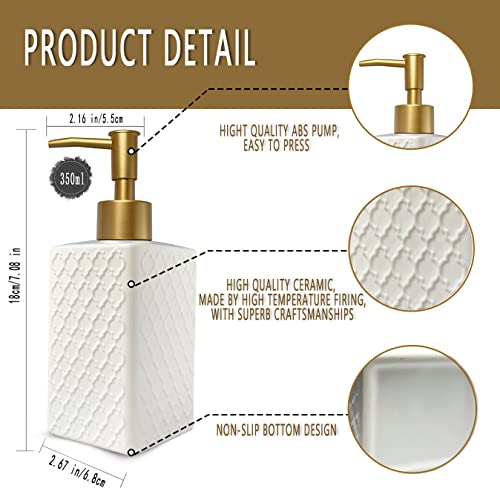Gold Soap Dispenser for Bathroom,Retro White Square Lotion Dispenser, Refillable Countertop Ceramic Hand Soap Dispenser,Dish Soap Dispenser for Kitchen 350ml(Relief White Square Bottle) - color: Relief White Square Bottle
