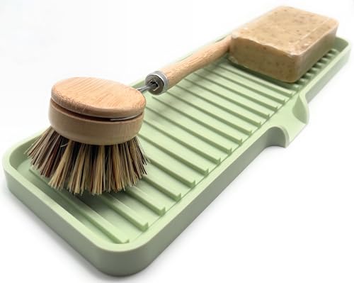 Silicone Soap Dish Tray and Sponge Holder with Drain Chute | Bathroom and Kitchen Sink Organizer Caddy (Pistachio, 12"x4", 7.4 Ounces) - color: Pistachio, size: (LG) 12"x4"