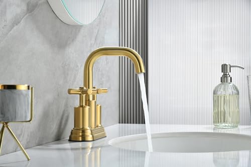 Two Handle Lavatory Faucet 4-inch Centerset Bathroom Sink Faucets with Drain Assembly for 3 Hole Sink Brushed Gold Finish DF-4303CCH-BG Duttao - color: Brushed Gold