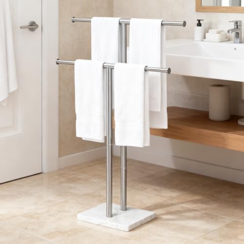 ELYKEN Standing Towel Rack for Bathroom, Adjustable 2-Tier Towel Stand | Weighted Marble Base, Brushed Stainless Steel, Freestanding Design, Holds Bath Towels, Rust Resistant, Ideal for Bathroom - size: 2 Tiers